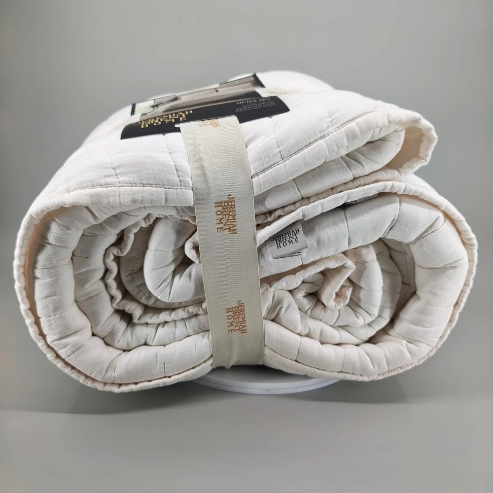 Jeremiah Brent Home Full Queen Quilt Set Cream Vertical Rice Stitch 3pc